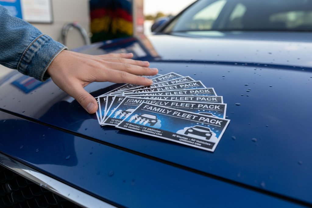 Hand fanning out multiple car wash tickets labeled Family Fleet Pack on car hood