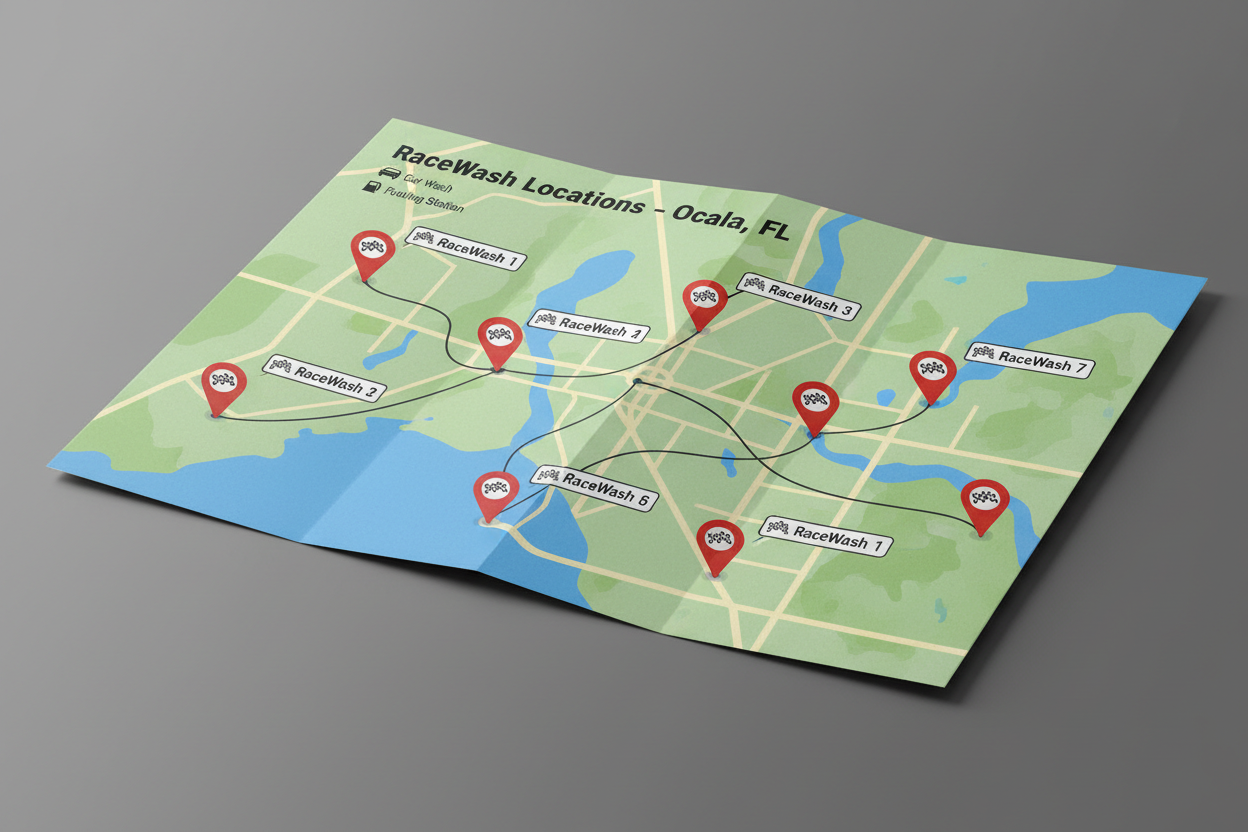 Map graphic on brochure showing pins for 7 RaceWash locations in Ocala area