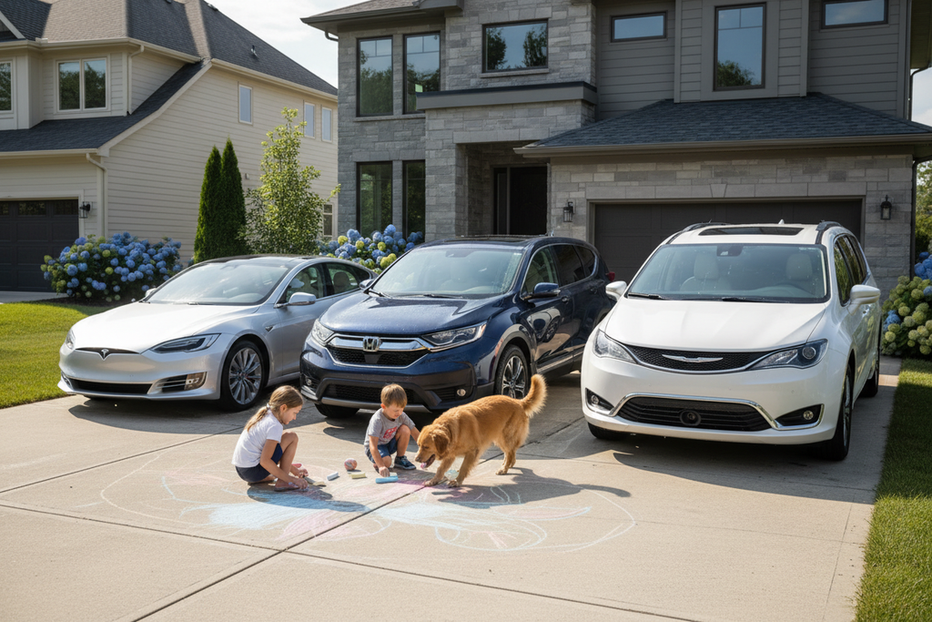 Driveway with two clean family cars and minivan after car wash visit, kids playing nearby