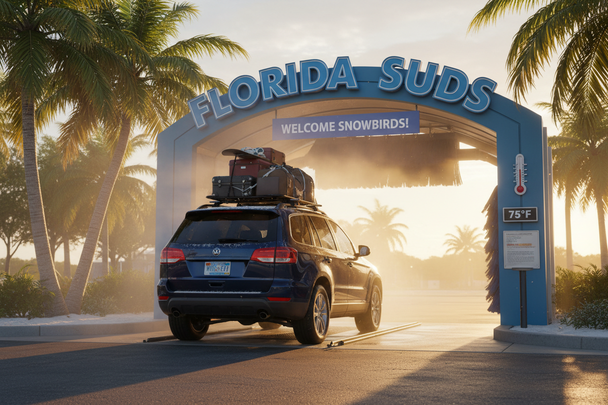 Out-of-state plated car with luggage rack entering bright Florida car wash in winter