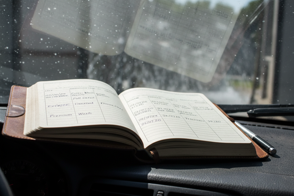 Open logbook on dashboard with dates and mileage filled in for each wash