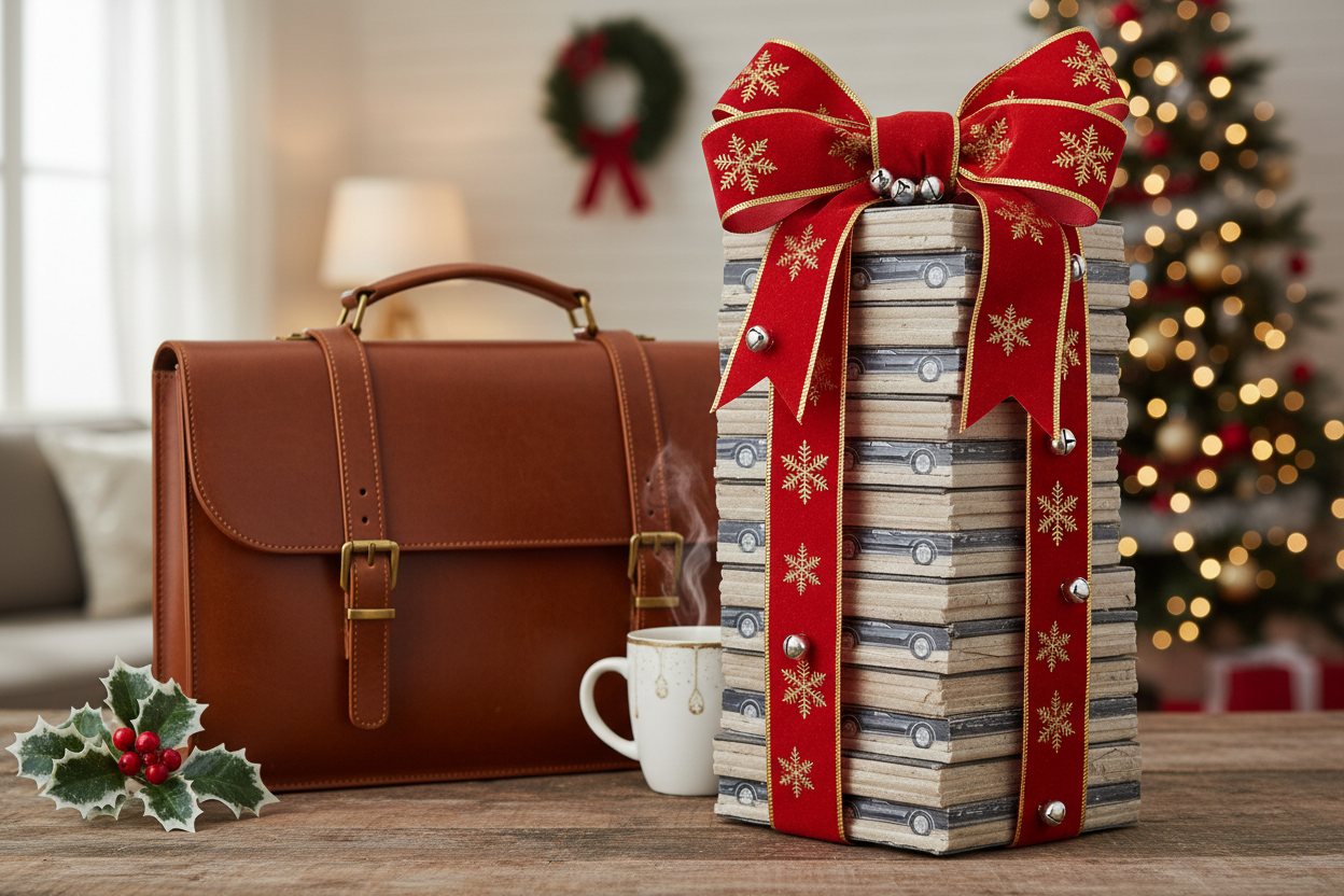 Stack of wash passes tied with holiday ribbon next to commuter briefcase