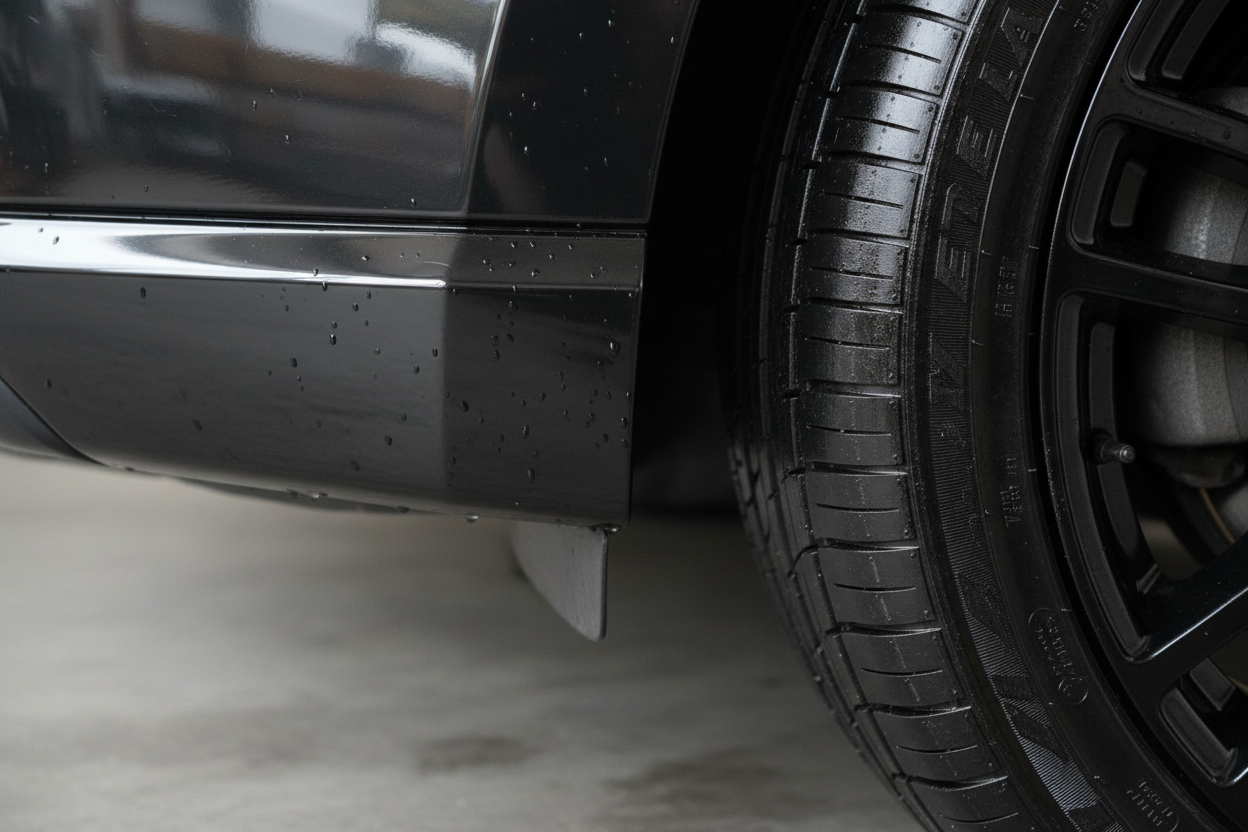 Close-up of dark plastic trim restored and shining next to treated tire sidewall