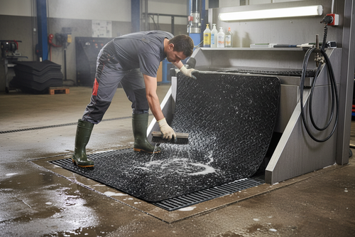 Worker scrubbing rubber floor mat on wash site mat-cleaning station with stiff brush
