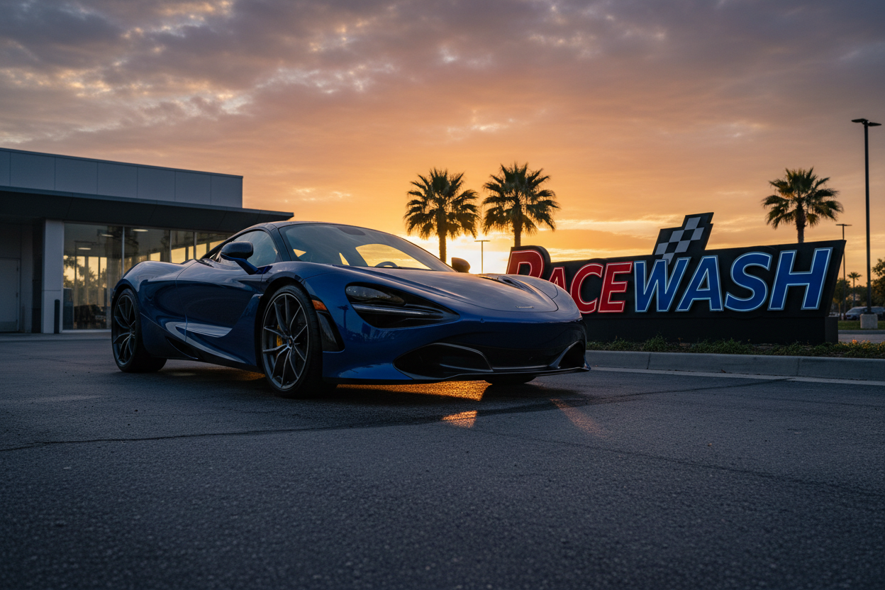 Sports car with deep glossy reflection parked near RaceWash sign at sunset