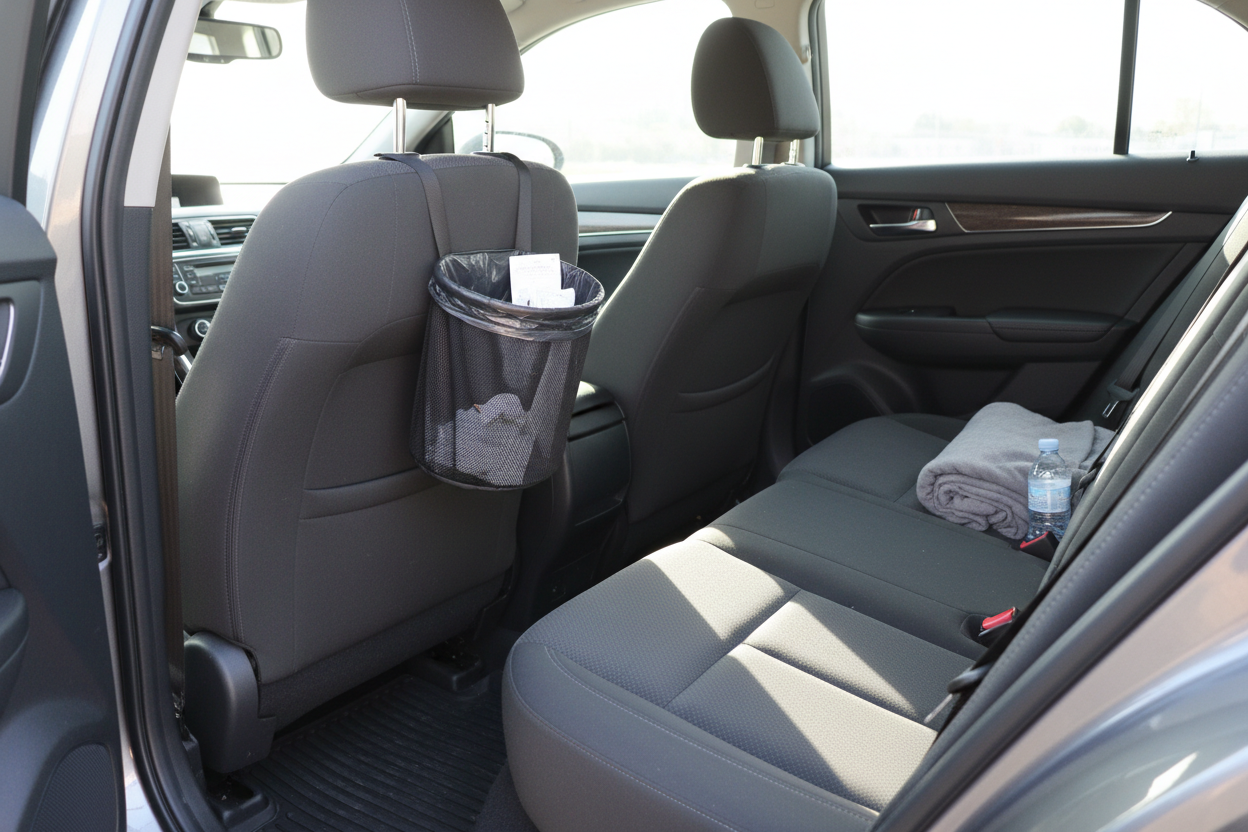 Back seat with tidy trash caddy hanging from headrest and no visible clutter