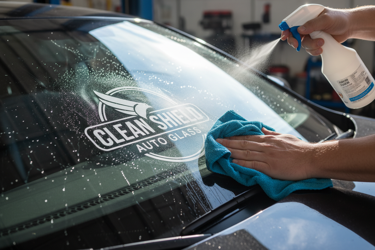 Spray bottle and microfiber towel cleaning windshield around company logo decal