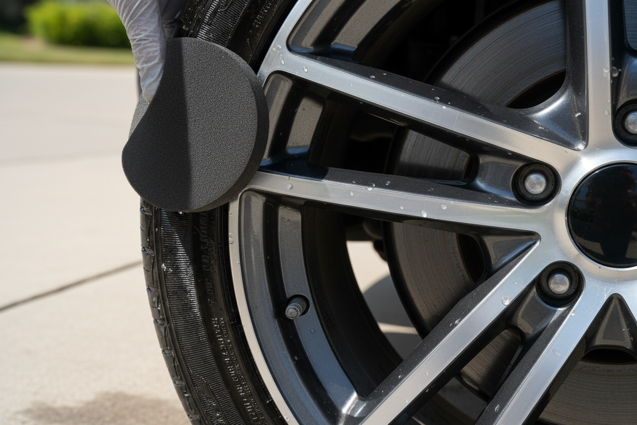 Close-up of tire shine applicator and wheel reflecting blue sky after wash