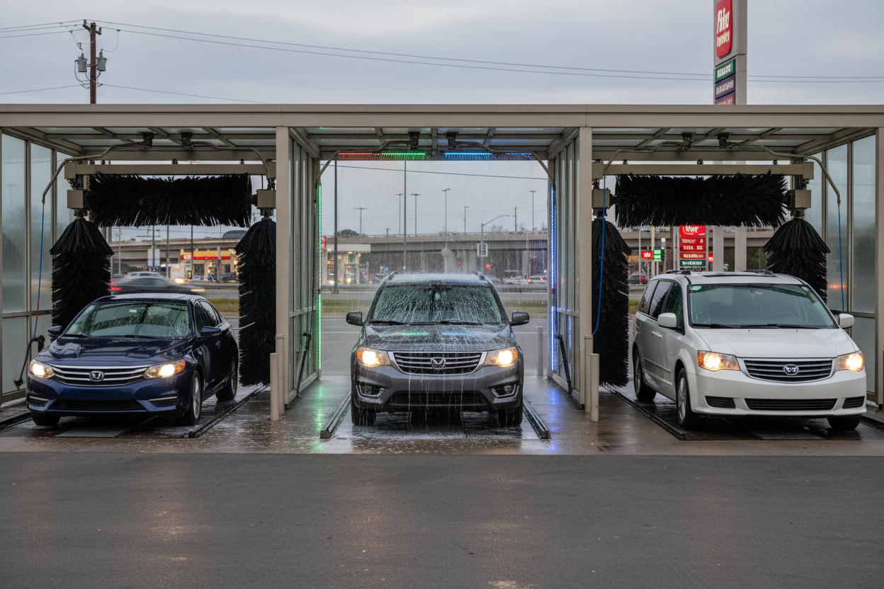 Three family vehicles sedan, SUV, minivan lined up at multi-lane express car wash