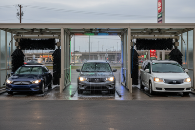 Three family vehicles sedan, SUV, minivan lined up at multi-lane express car wash