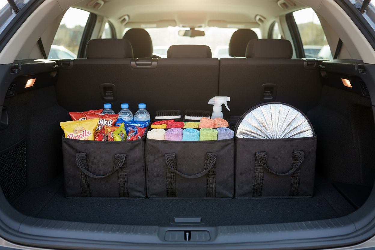 Trunk organizer filled with snacks, detail kit, and folded sunshade neatly arranged