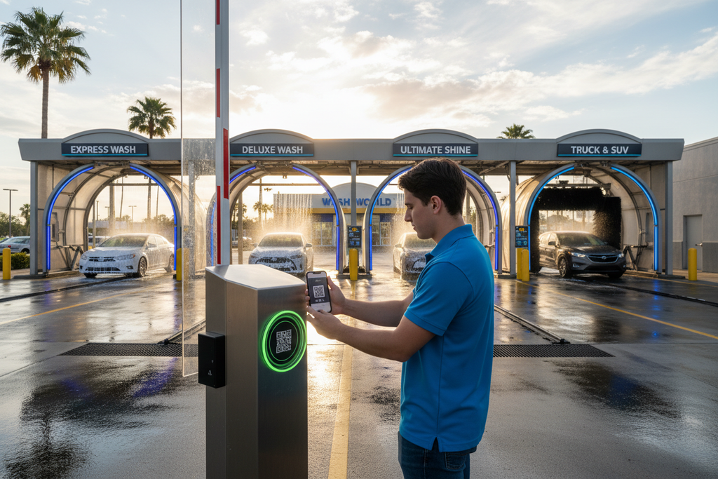 Customer scanning Fast Pass at entry gate with multiple car wash lanes in view