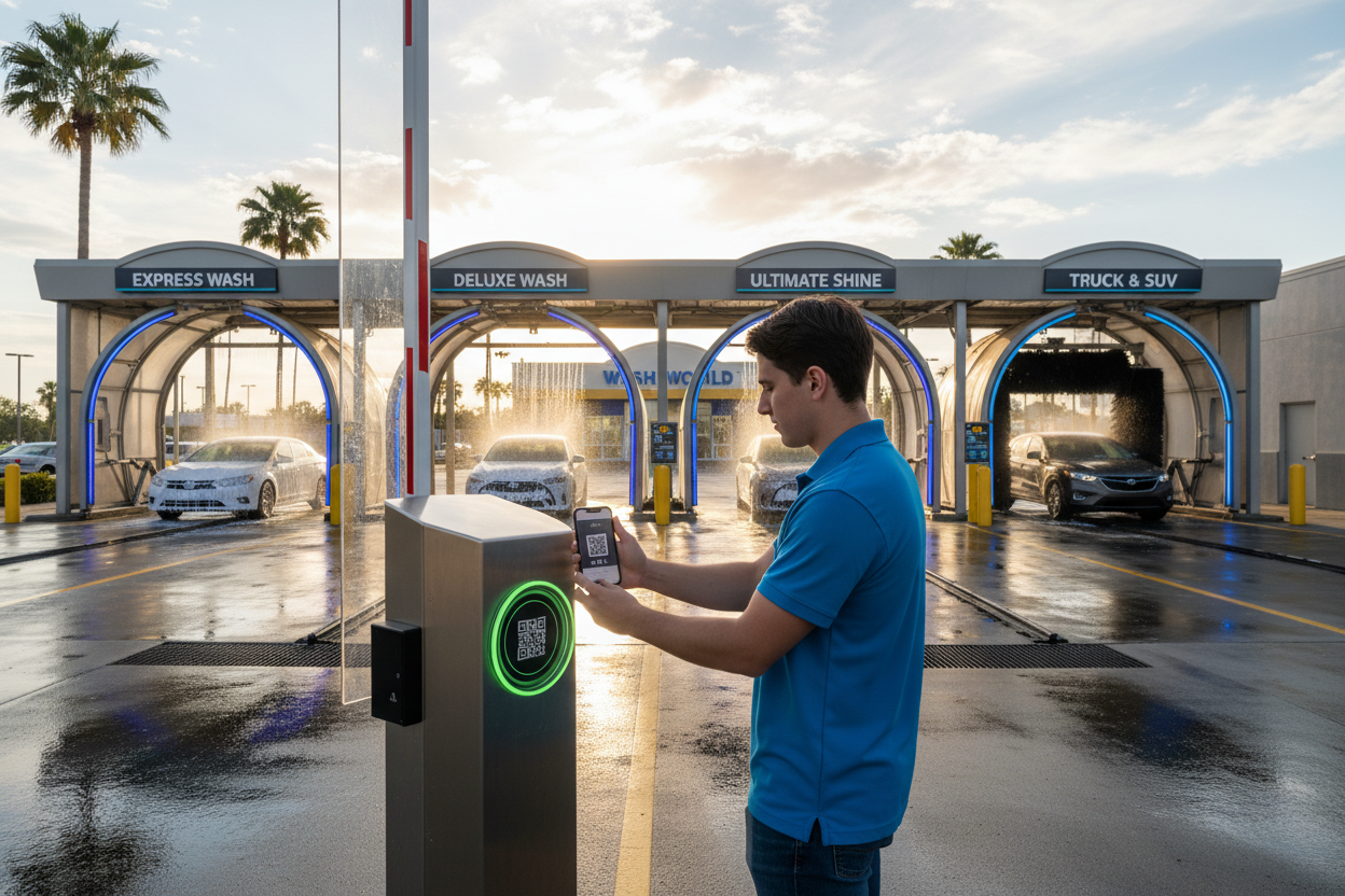 Customer scanning Fast Pass at entry gate with multiple car wash lanes in view