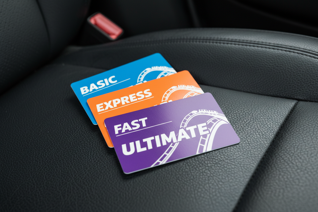 Three tiered Fast Pass cards laid out on car seat labeled Basic, Express, Ultimate