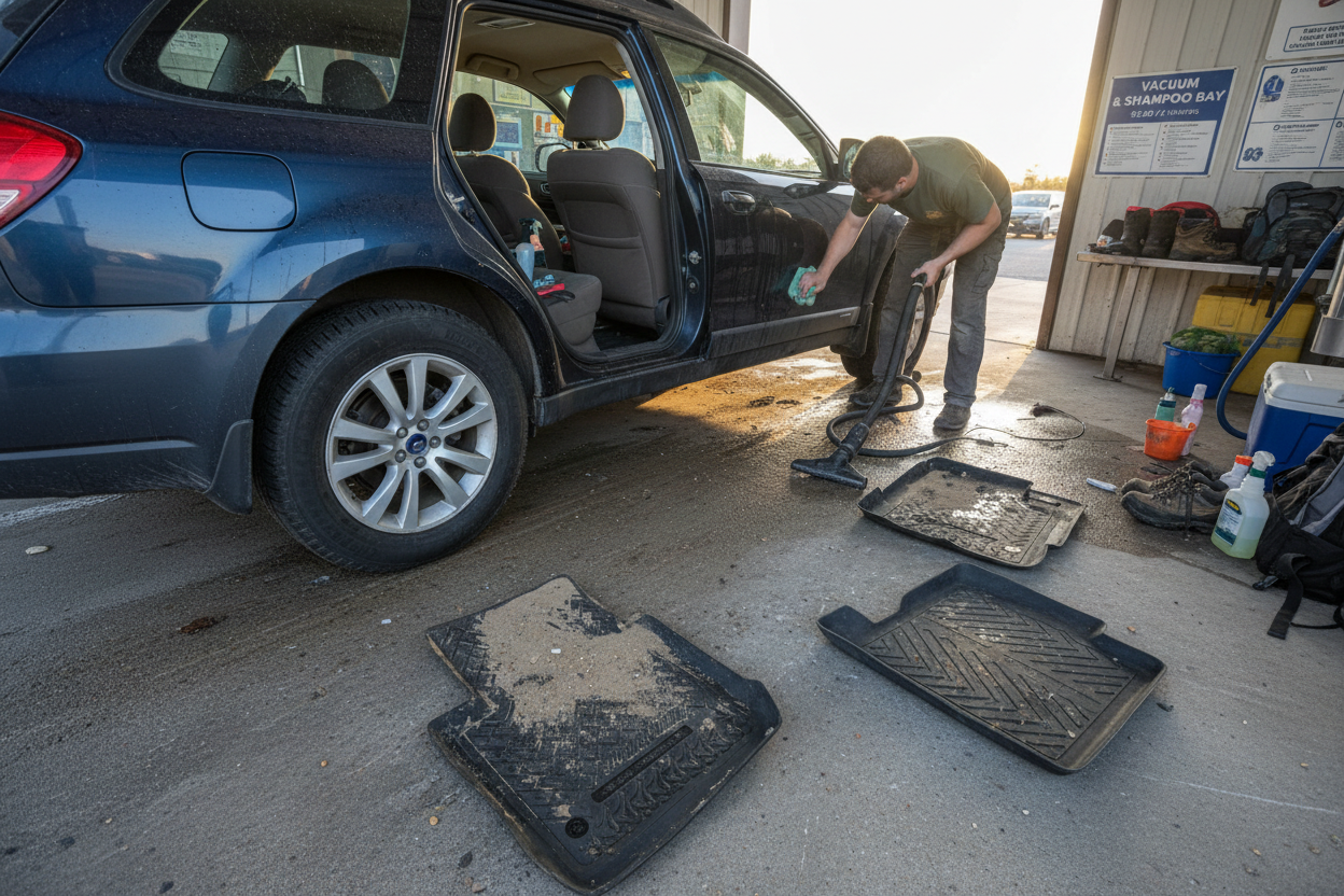 Post-trip car at wash vacuum bay with mats pulled out and interior being wiped down
