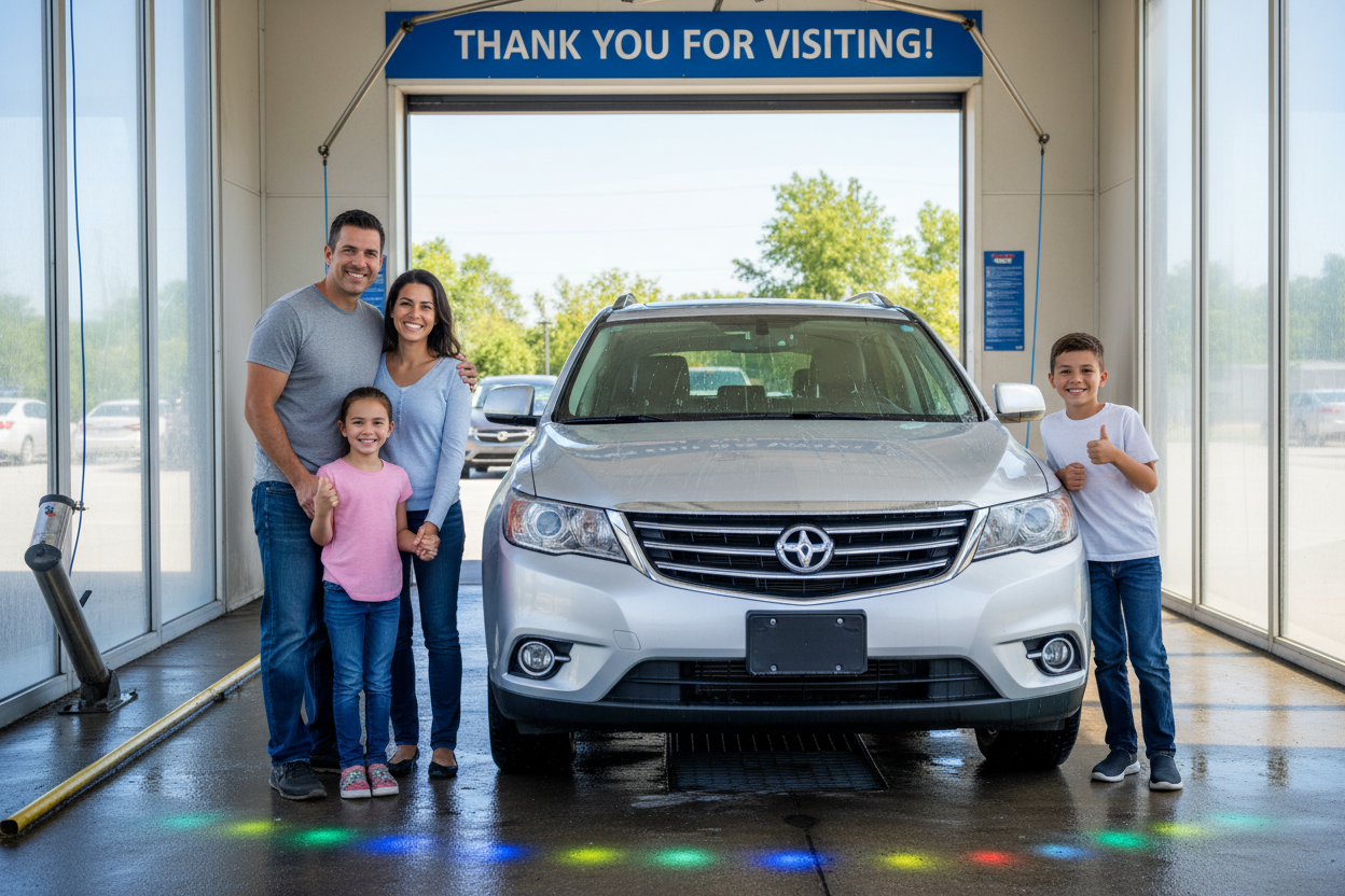 Happy family standing beside shiny SUV at express car wash exit tunnel