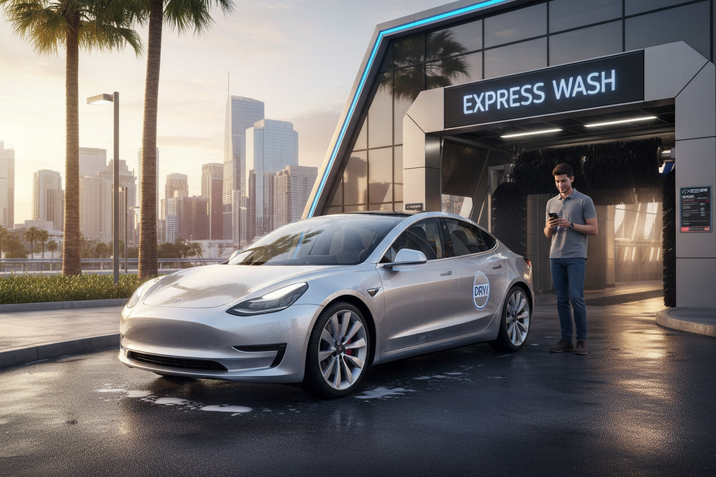 Rideshare vehicle sparkling in front of modern express car wash with driver holding phone