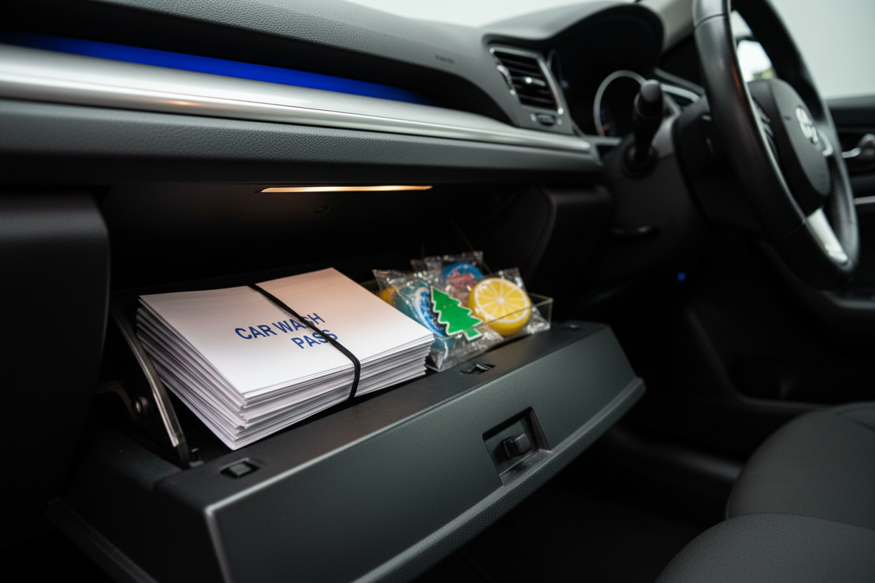 Glove compartment open with organized envelope of wash passes and fresheners