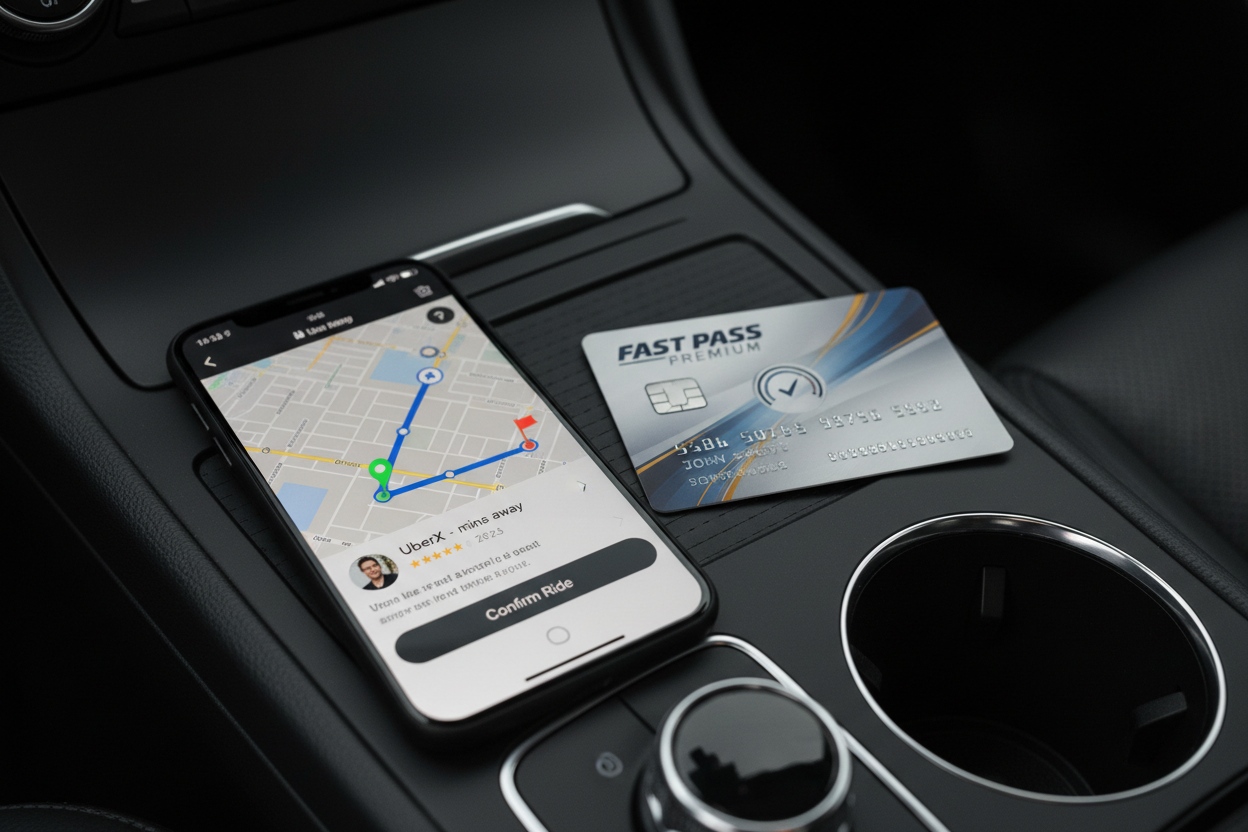 Rideshare app screen and Fast Pass membership card side by side on center console