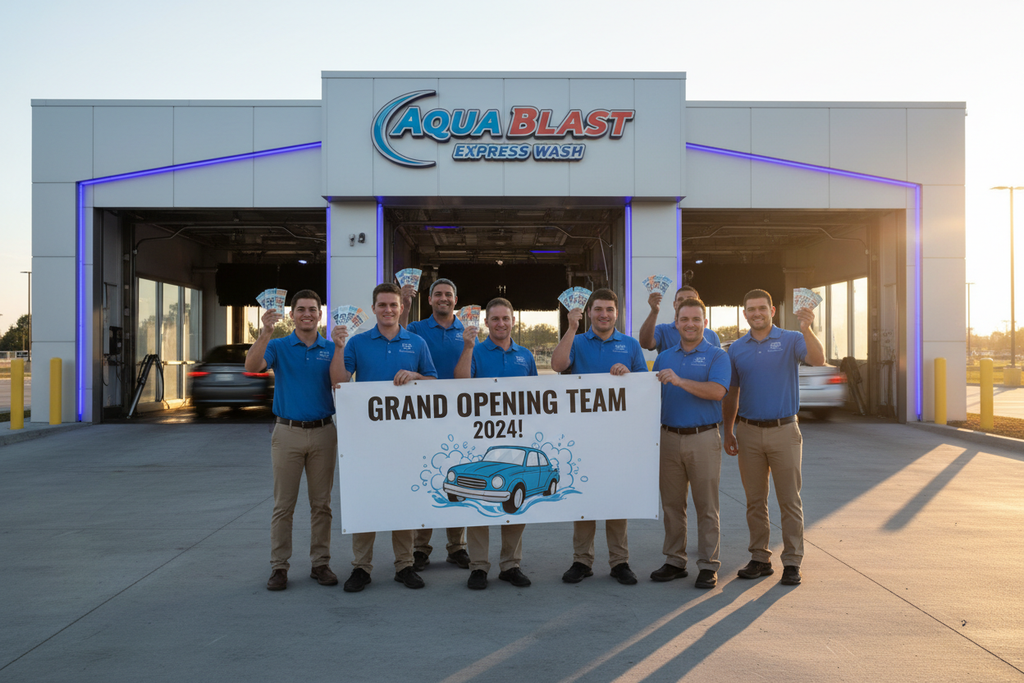 Team photo in front of express car wash tunnel holding banner and tickets