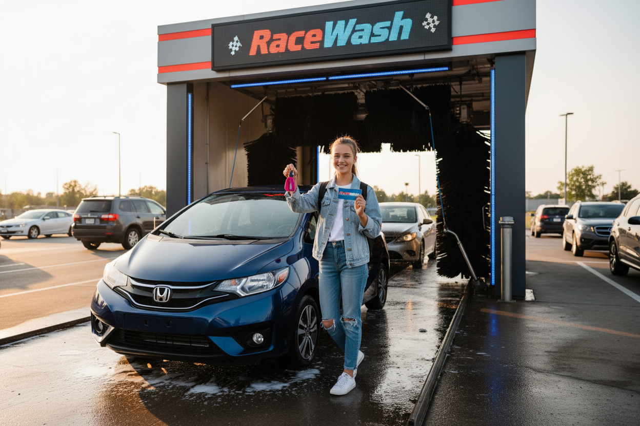 Teen driver holding car keys and wash card next to compact car at RaceWash style tunnel