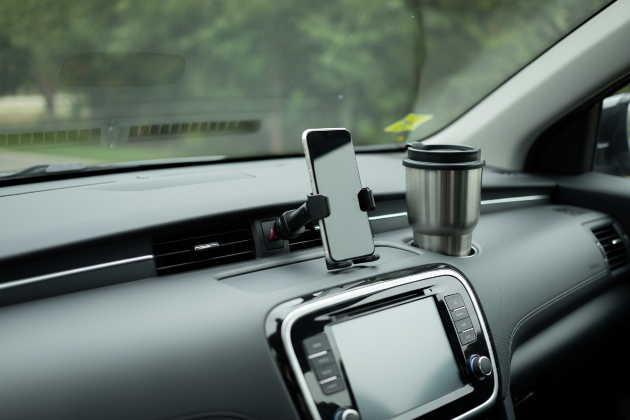 Vent-mounted phone holder and travel mug on spotless dashboard after wash