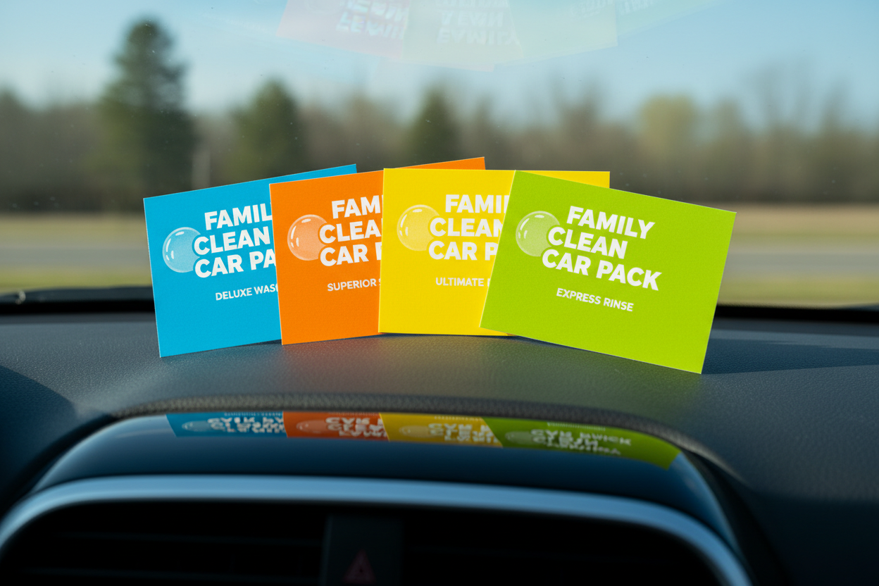 Fan of four colorful car wash tickets labeled Family Clean Car Pack on dashboard