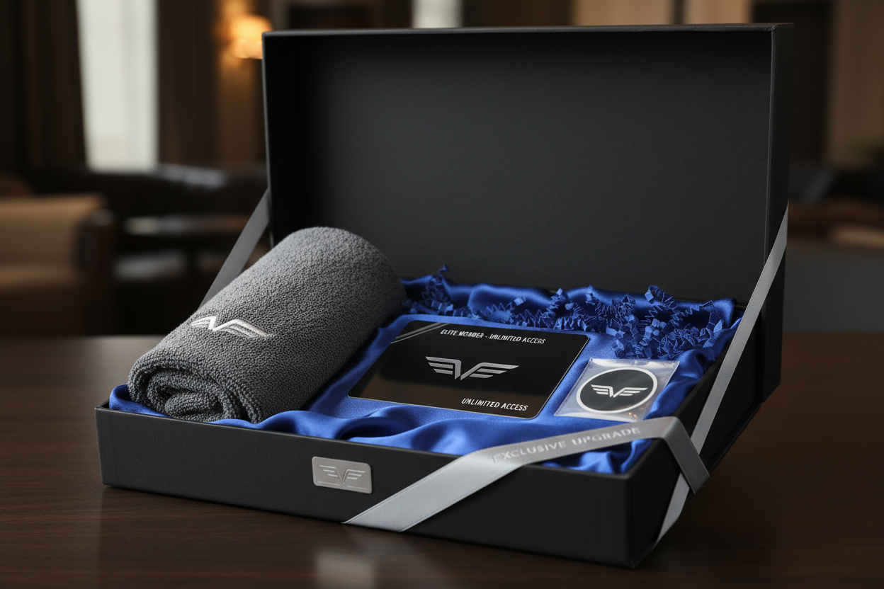 Gift box with upgraded membership card, large microfiber towel, and small logo decal