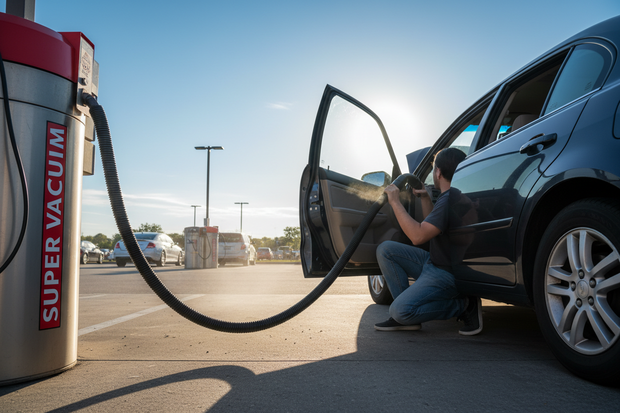 Driver vacuuming rear floor area with long hose at self-serve vacuum station