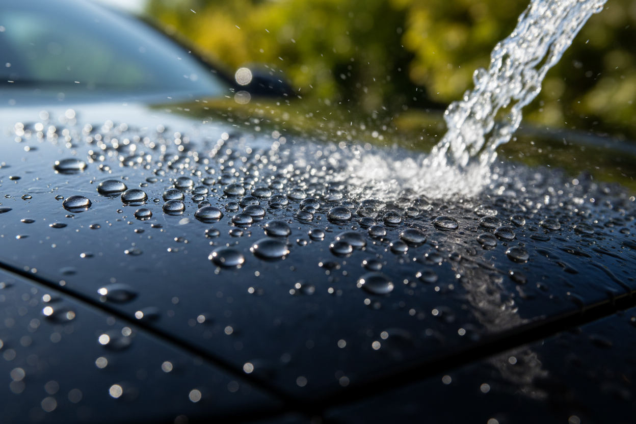 Close-up macro shot of ceramic-protected paint with extreme water beading under hose