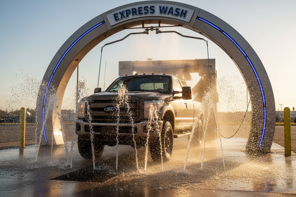 Muddy work truck entering express wash arch with strong underbody rinse jets