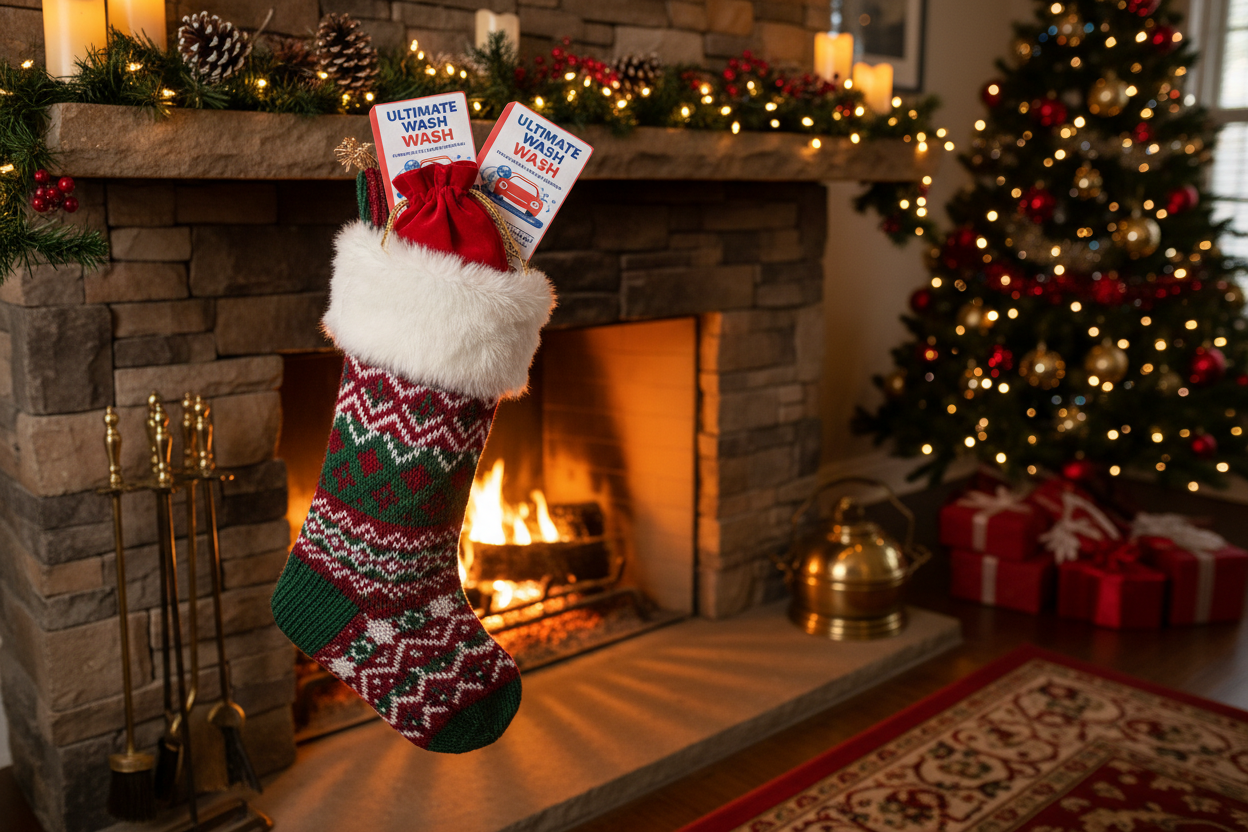 Holiday stocking on fireplace with car wash tickets peeking out the top