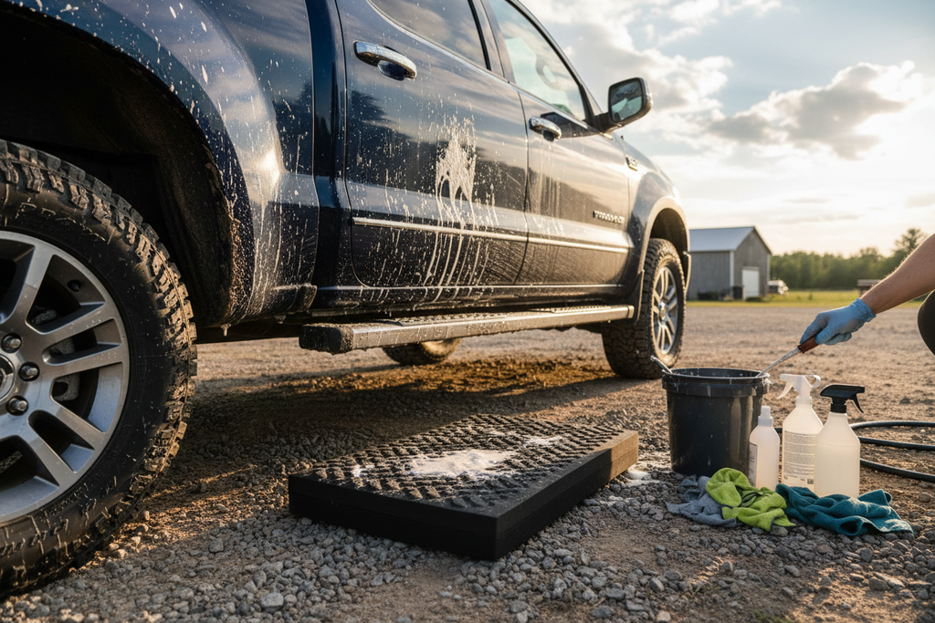 Kneeling pad placed on ground beside truck while cleaning lower panels
