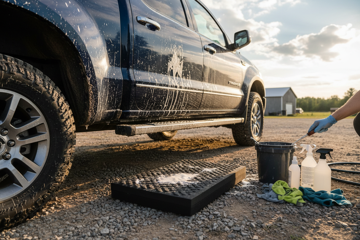 Kneeling pad placed on ground beside truck while cleaning lower panels
