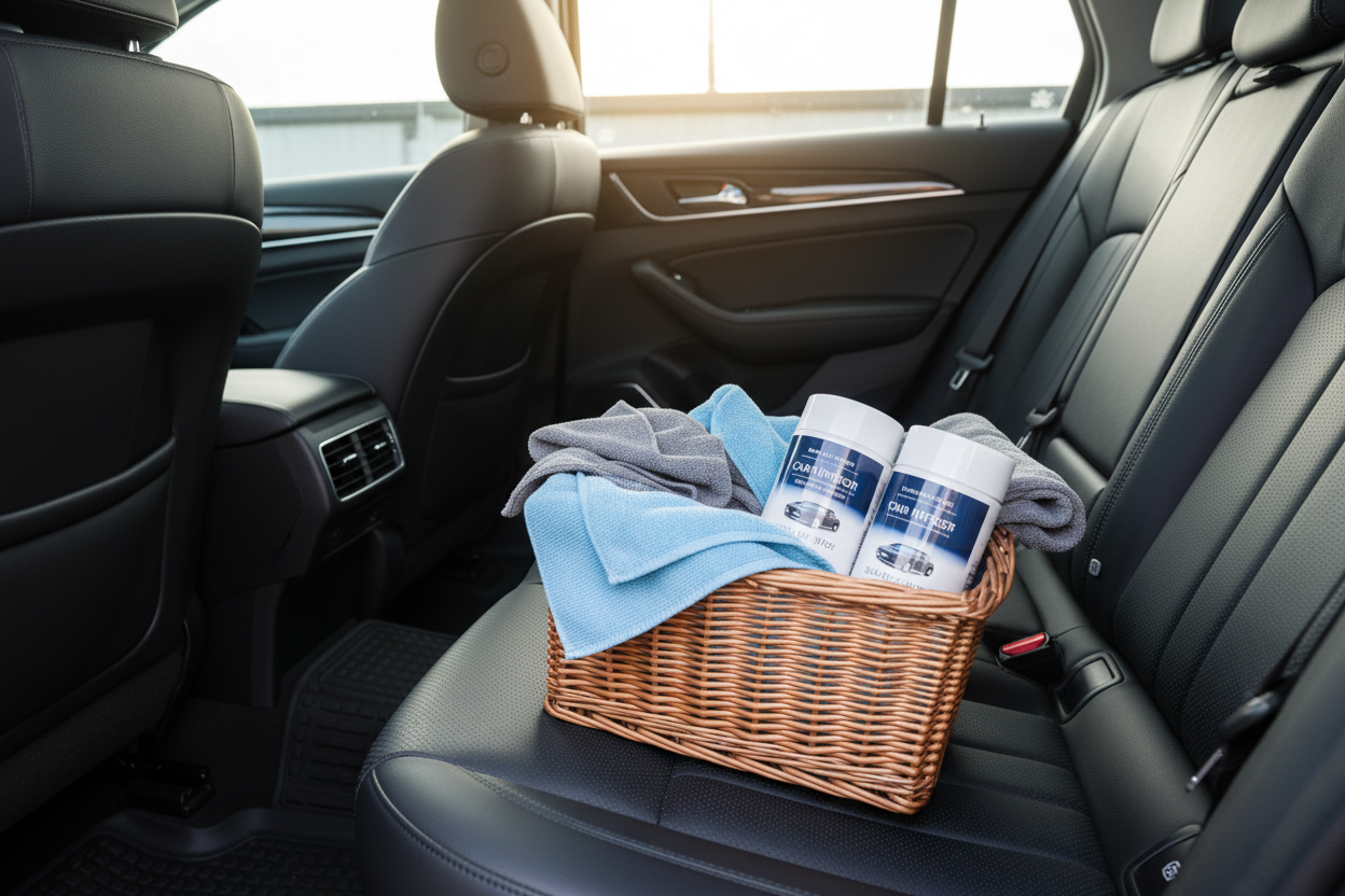 Small basket with microfiber towels and interior wipes on back seat of freshly cleaned car