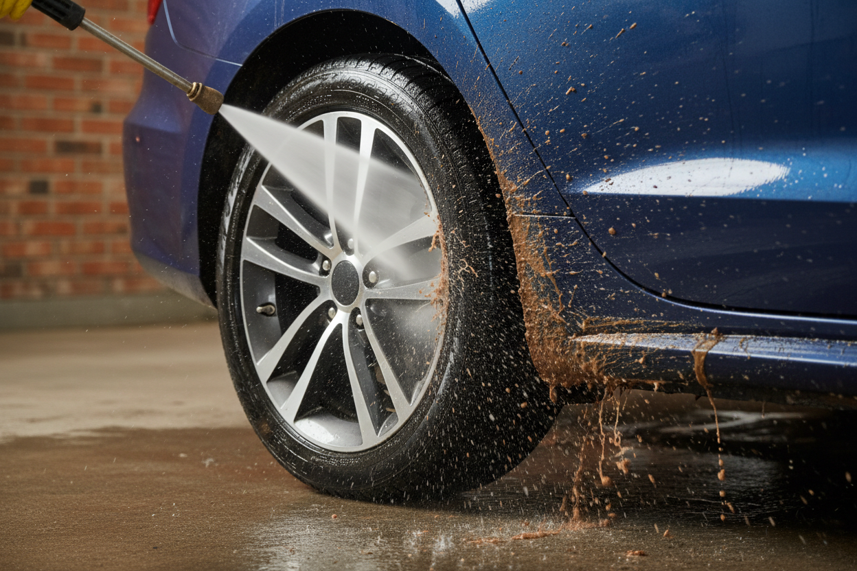 Close-up of high-pressure wheel and rocker panel spray cleaning caked-on dirt