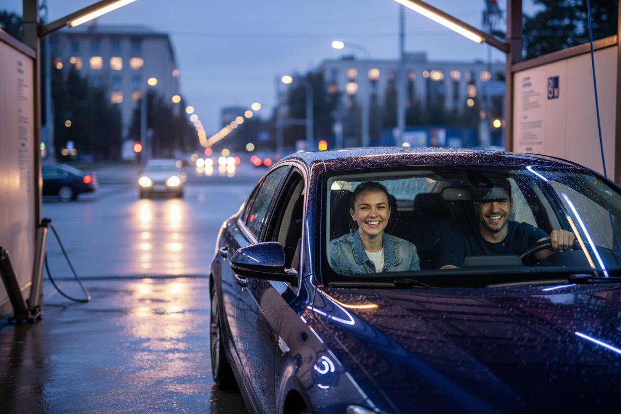 Couple smiling in freshly washed car under evening lights at car wash exit