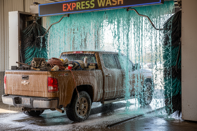 Dirty contractor pickup covered in dust entering foam curtain of express wash