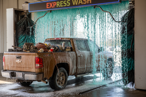 Dirty contractor pickup covered in dust entering foam curtain of express wash