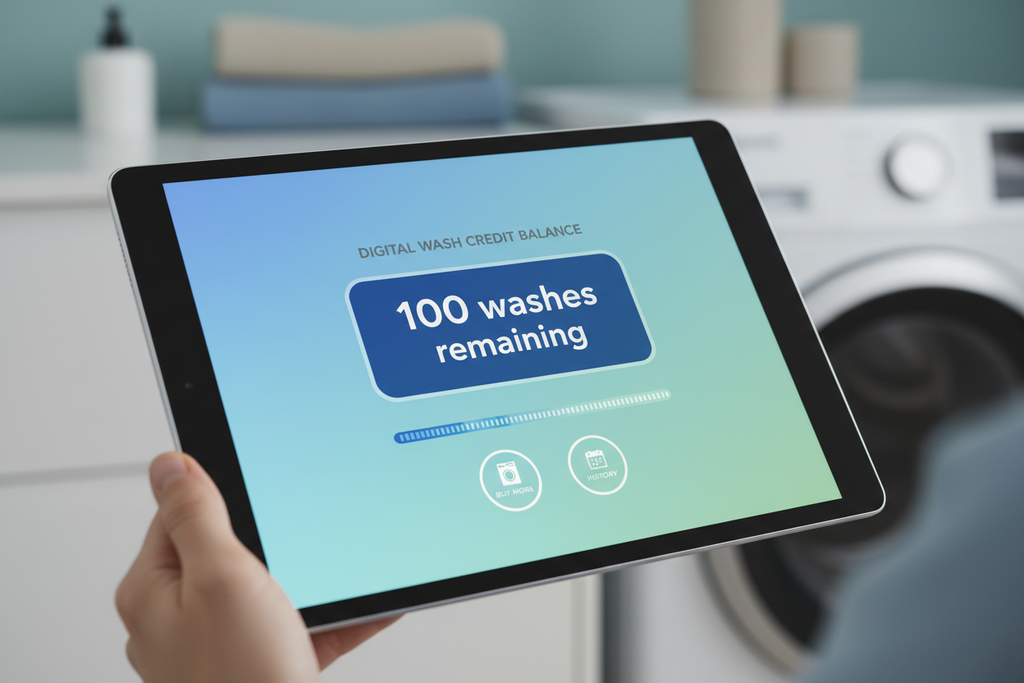 Digital wash credit balance displayed on tablet with 100 washes remaining badge