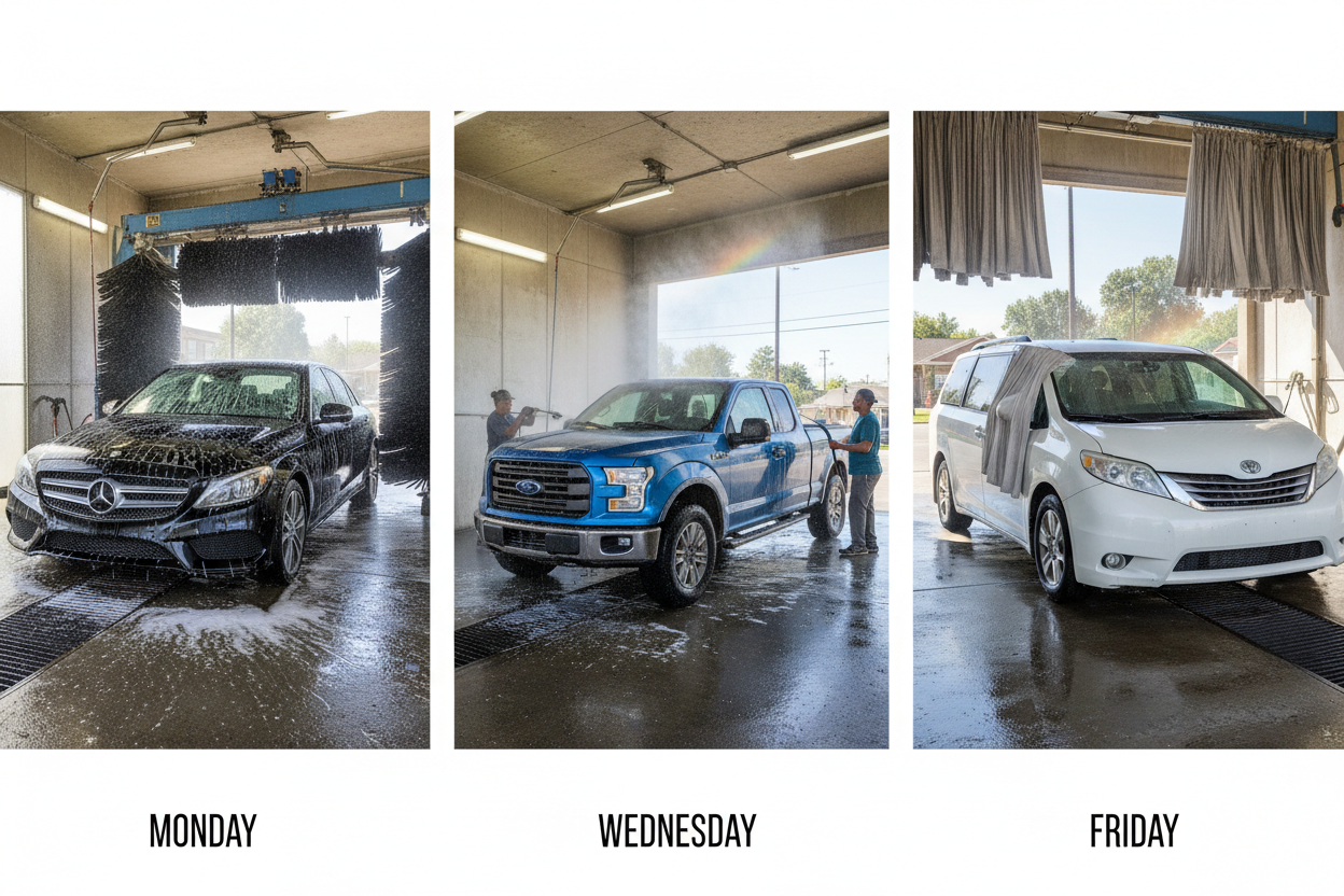 Different vehicle types sedan, pickup, van each passing through car wash on different days