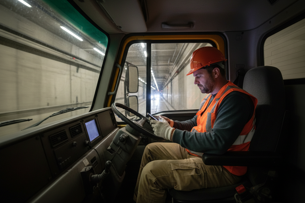 Contractor in hi-vis vest checking his phone while the truck moves through tunnel