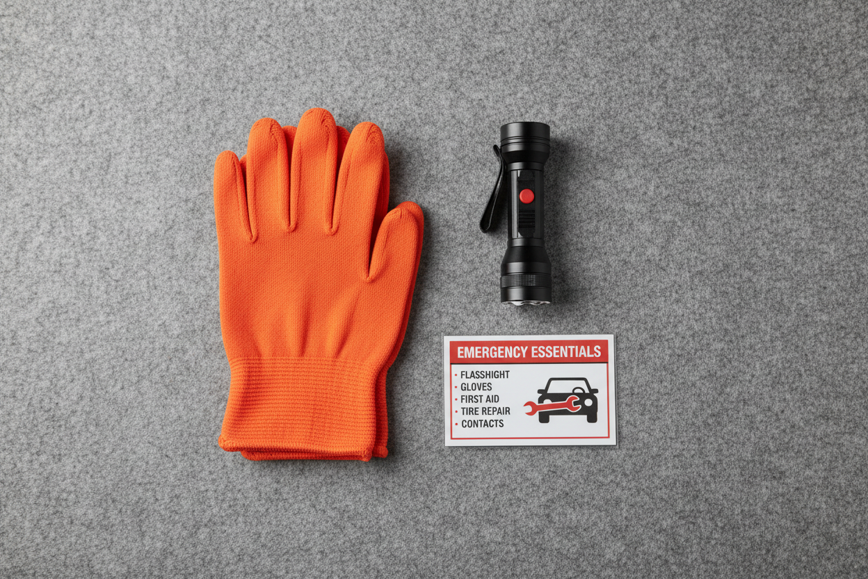 Flat lay of mini car emergency kit with flashlight, gloves, and safety info card