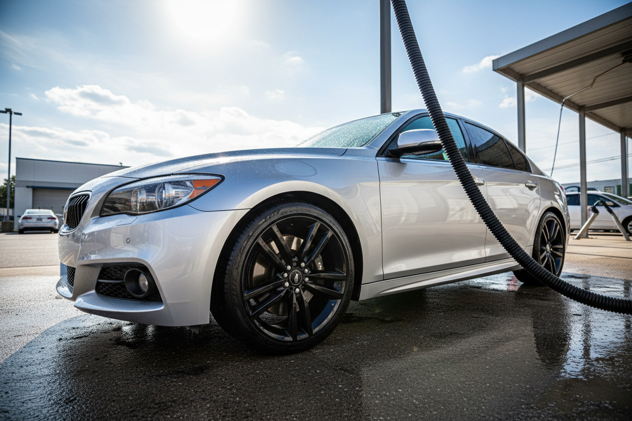 Sporty sedan glistening in sun at car wash vacuum bay with tire shine sparkle