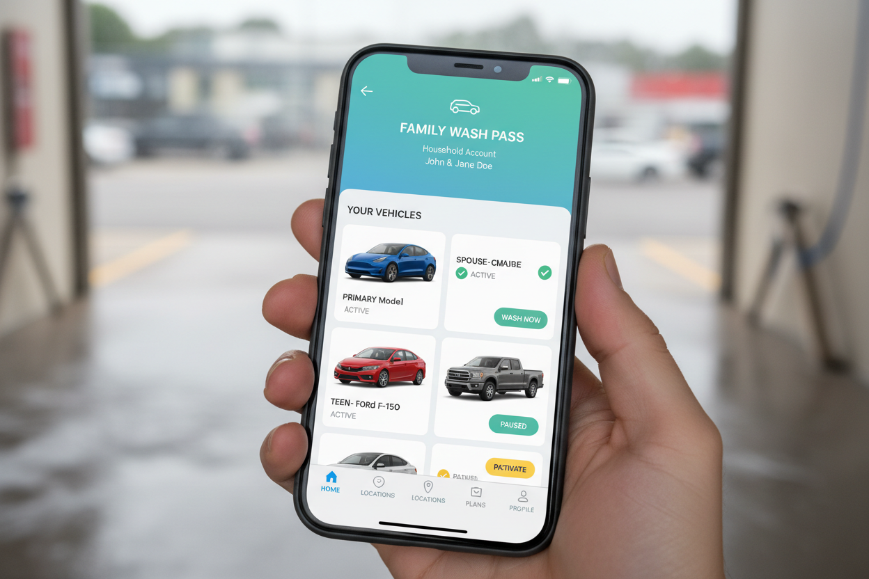 Car wash membership app screen showing 3 registered vehicles on a household account