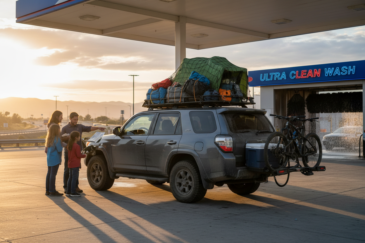 SUV packed for road trip at gas station with car wash in background