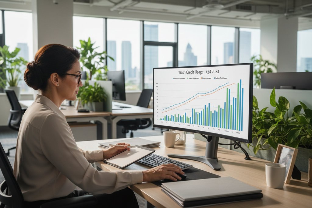 Office manager reviewing wash credit usage chart on large monitor
