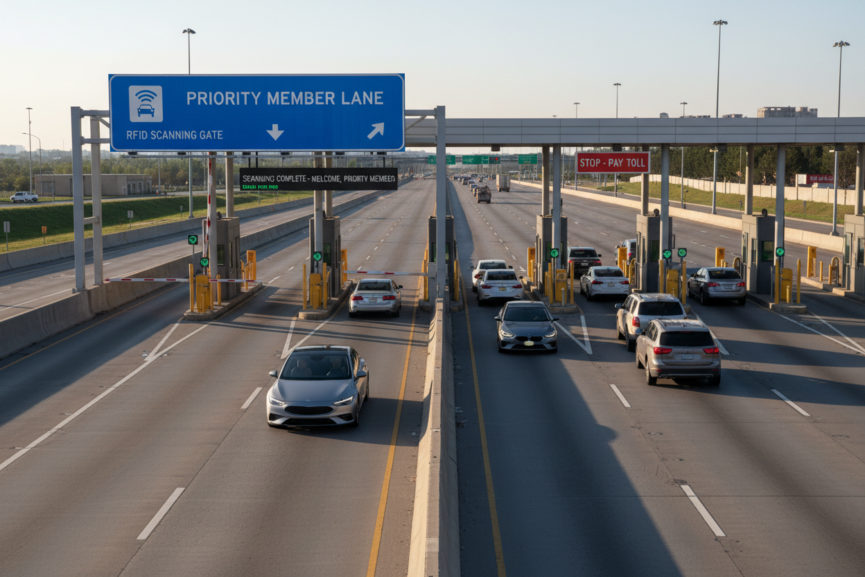 Priority member lane sign with car scanning through RFID gate ahead of standard lane