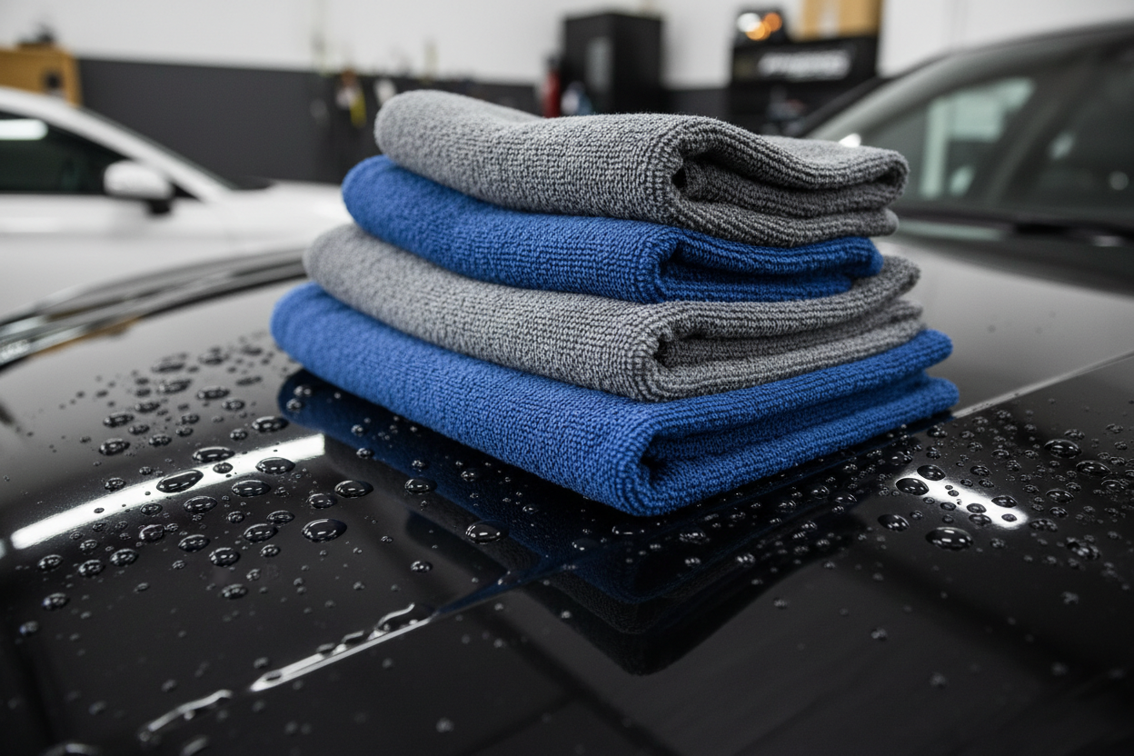 High-pile drying towels stacked on spotless hood with beaded water droplets nearby
