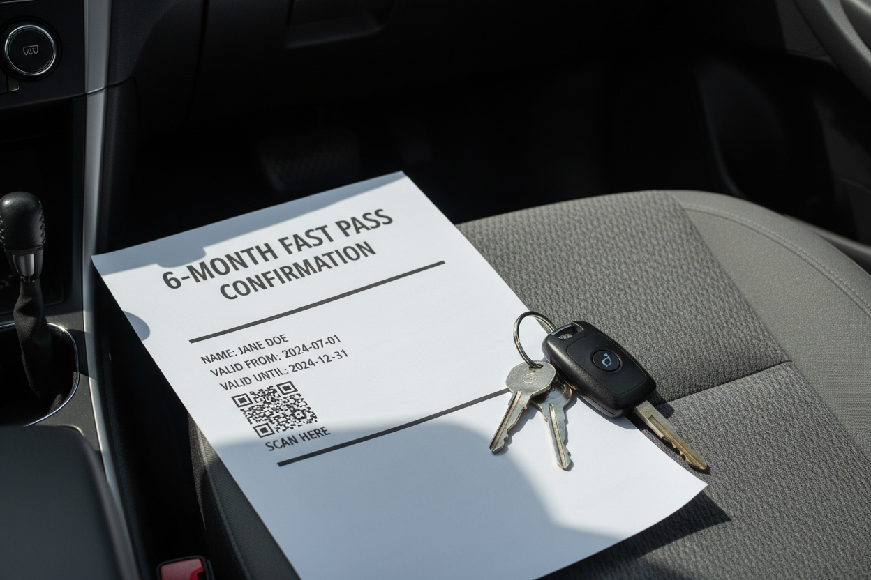 Printed 6-month Fast Pass confirmation on passenger seat next to car keys